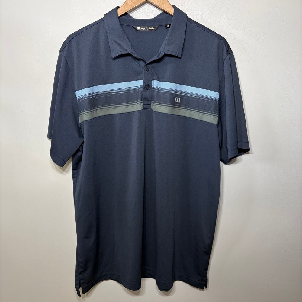 Travis Mathew Shirt Polo Knit Navy Blue Green Stripe Sea Island Golf Club XXL